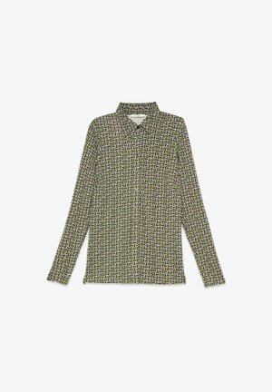 Langärmliges Hemd mit Knöpfen aus leichtem Stoff, mit einem geometrischen Muster in Grün, Lila und Weiß. Kragen und taillierter Schnitt.