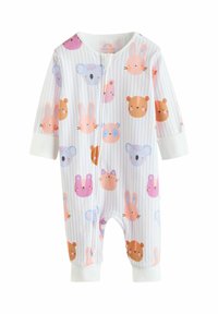 Long-sleeve baby onesie in soft cotton with pastel animal faces, light stripes, white cuffs, and a zipper front closure.