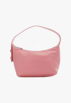 Roze leren handtas met een afgeronde vorm, een gladde textuur en een enkele band. Voorzien van een ritssluiting aan één zijde.