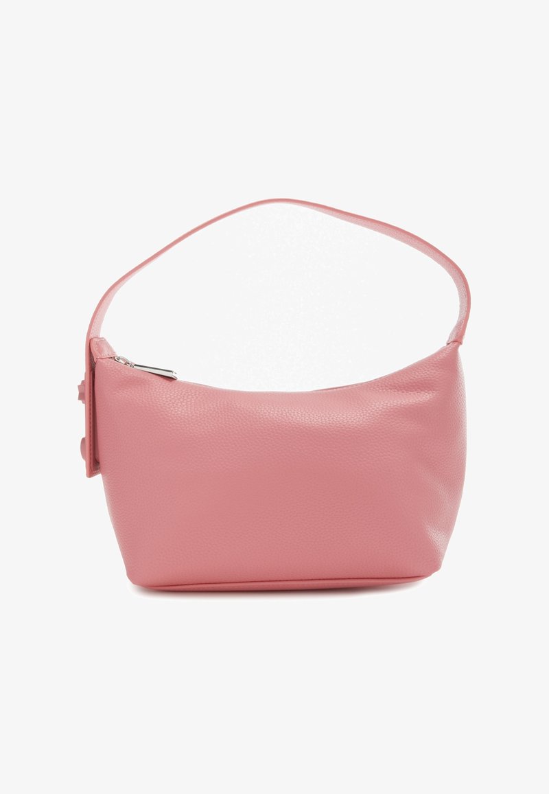 Roze leren handtas met een afgeronde vorm, een gladde textuur en een enkele band. Voorzien van een ritssluiting aan één zijde.