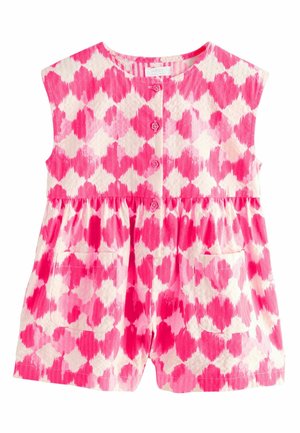 Combinaison sans manches pour tout-petit, rose et blanc à motifs, avec boutons à l'avant et deux poches avant, en tissu léger texturé.