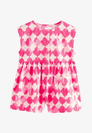 Bebićov kombinezon bez rukava u ružičastoj i bijeloj boji s uzorkom, prednjim gumbima i dva prednja džepa, izrađen od teksturiranog laganog tkanja.