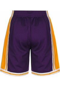Paarse mesh basketbalshorts met gele accenten. Kenmerken een ademende textuur, elastische tailleband en witte zijstrepen.