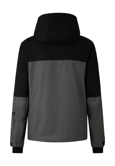 Mikina s kapucí, která má černý vršek a texturovaný šedý spodek, boční zipové kapsy a elastické manžety. Design je praktický a moderní.