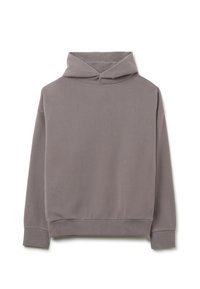 Felpa grigia, morbida, con tasca frontale. Presenta un cappuccio con cordino e polsini a coste. Design semplice e pulito, senza motivi o accenti visibili.