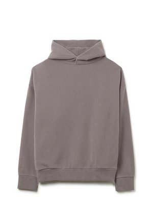 Felpa grigia, morbida, con tasca frontale. Presenta un cappuccio con cordino e polsini a coste. Design semplice e pulito, senza motivi o accenti visibili.
