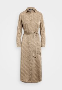 Beige shirtjurk met een geometrisch patroon, lange mouwen en knoopsluiting aan de voorkant. Inclusief een bijpassende strikriem in de taille en een zijvak.
