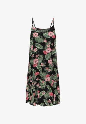Černé midi šaty bez rukávů s růžovými tropickými květy a zelenými listy, s tenkými ramínky a volánkovým lemem.