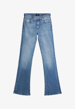 Light blue flared jeans made of denim, featuring a five-pocket design, faded texture, and a straight cut at the bottom.