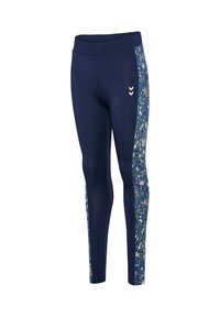 Leggings blu navy con pannelli laterali floreali in blu, rosa e verde. Tessuto liscio e elastico con una vita comoda e accenti di logo bianco.