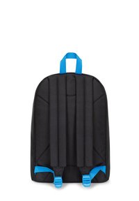 Zaino nero con superficie testurizzata, dotato di spallacci regolabili blu e maniglia superiore, progettato con cuciture verticali per una maggiore struttura.