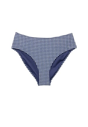 Navy gingham bikini bottoms with a high waistband and contrasting solid navy sides. Smooth texture with elasticized edges for comfort.