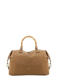 Braune Nylon-Tasche mit Bambusgriffen, goldfarbener Hardware und einem Reißverschluss oben. Mit Logodetail auf der Vorderseite und runder Form.