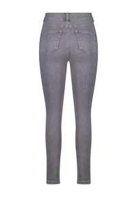 Jean skinny en denim gris clair avec une texture lisse. Comprend deux poches arrière et une taille classique. Design à longueur de cheville.