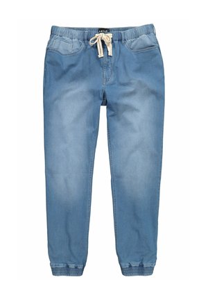 Hellblaue Jogginghose für Herren mit elastischem Bund, weißem Kordelzug, vorderen Taschen und elastischen Bündchen an den Knöcheln.