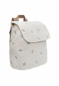 Witte fleece rugzak met bloemmotieven. Voorzien van een opklapbare flap en stoffen schouderbanden. Geverfde oppervlakte, compact ontwerp.