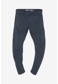 Joggers de cargador de un oscuro color azul marino con un corte ajustado, que cuentan con múltiples bolsillos, cierre de botón y una tela texturizada.