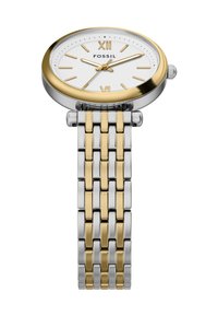 Fossil ur med hvid urskive, metalhus i guld og sølvtoner, guld timeindikatorer og et armbånd i to farver af metalled.