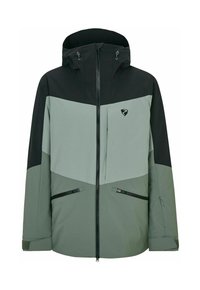 Grüne und schwarze farblich abgesetzte Jacke mit Reißverschluss, verstellbarem Kapuze und mehreren Reißverschlusstaschen. Hergestellt aus leichtem, strukturiertem Stoff.