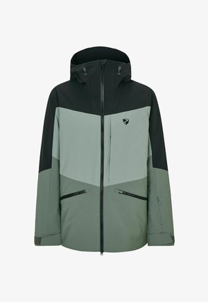 Green and black color-blocked jacket with a zip front, adjustable hood, and multiple zippered pockets. Made of lightweight, textured fabric.