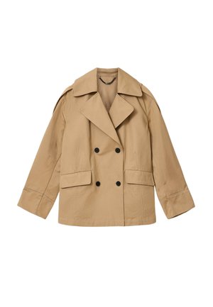 Beige zweireihige Jacke mit breiten Revers, schwarzen Knöpfen, langen Ärmeln und zwei vorderen Pattentaschen.