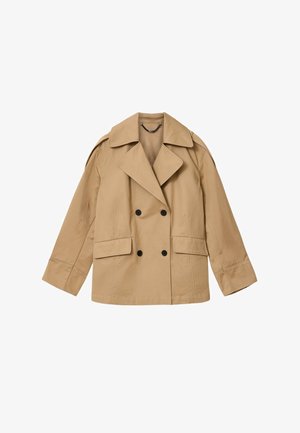 Beige zweireihige Jacke mit breiten Revers, schwarzen Knöpfen, langen Ärmeln und zwei vorderen Pattentaschen.