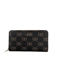 Portafoglio nero con cerniera a tutto giro, motivo monogram beige e tiretto della cerniera in argento, forma rettangolare, piatto su sfondo bianco.