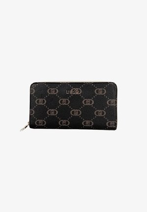 Portafoglio nero con cerniera a tutto giro, motivo monogram beige e tiretto della cerniera in argento, forma rettangolare, piatto su sfondo bianco.