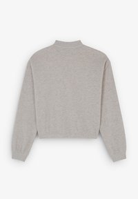Grijs cropped sweatshirt met lange mouwen, zachte textuur en een hoge kraag. Eenvoudig ontwerp, geen patronen of accenten.