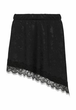 Sort asymmetrisk nederdel med blomstret blonderkant og subtilt blomsterprint over hele stoffet.