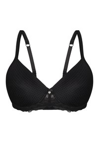 Mustat rintaliivit, joissa on teksturoitu kangas, pitsireunus alareunassa, säädettävät hihnat ja sydämenmuotoinen metallikoriste keskellä.
