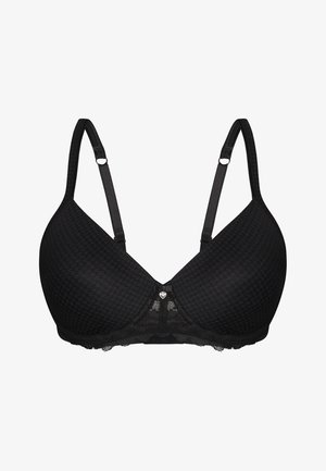 Sort bh med tekstureret stof, blonder trimmet langs bunden, justerbare stropper og en hjerteformet metalaccent i midten.