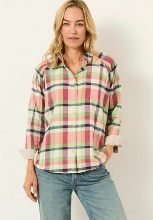 Kariertes Hemd in vielen Farben mit grünen, rosa, lila und beigen Tönen; Knopfverschluss, lange Ärmel, an den Manschetten hochgerollt, leichtes Material.