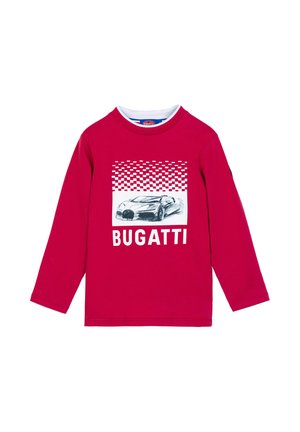 Red long-sleeve shirt with Bugatti logo, featuring a sketch of a Bugatti sports car and a white checkered pattern above it.
