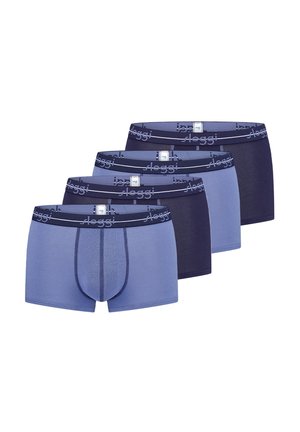 Vier Paare Männerboxershorts in verschiedenen Blau- und Marinefarbtönen. Mit elastischem Taillenbund mit Logo, überwiegend glatter Stoffoberfläche.