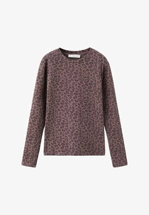 Duks s dugim rukavima u ljubičastoj boji s uzorkom leoparda, izrađen od mekanog materijala s okruglim izrezom i opuštenim krojem.