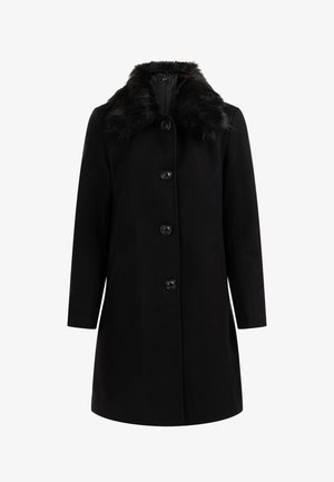 Zwarte wollen jas met een nepbont kraag, voorzien van zes knopen aan de voorkant, twee zijzakken en een rechte snit.