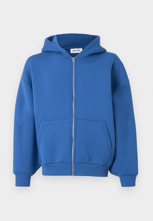 Blue zip-up hoodie made of soft cotton blend. Features a hood, front pockets, long sleeves with ribbed cuffs, and a relaxed fit.