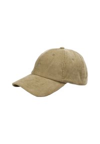 Gorra de béisbol de pana en marrón claro. Presenta un visor curvado, diseño de seis paneles y pequeños agujeros de ventilación. La tela texturizada añade profundidad.