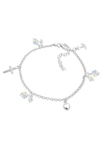 Silberne Kettenarmband mit einem Kreuz- und einem Ankeranhänger, verziert mit zwei klaren Kristallperlen und einem Herzanhänger. Verstellbarer Verschluss.