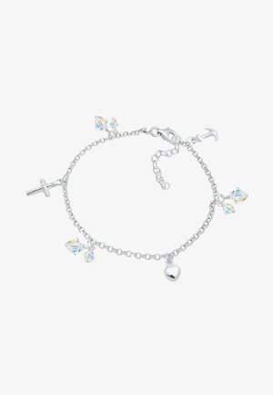 Silberne Kettenarmband mit einem Kreuz- und einem Ankeranhänger, verziert mit zwei klaren Kristallperlen und einem Herzanhänger. Verstellbarer Verschluss.
