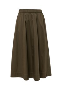 Midi-Rock aus olivgrünem Baumwollstoff mit einem elastischen Bund, glatter Textur und vollem Schnitt, der dezente Nähte am Saum aufweist.