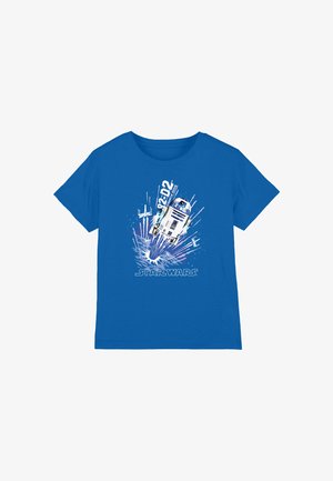 Blaues Baumwoll-T-Shirt mit R2-D2 Grafik, weißen Explosionseffekten und dem Schriftzug "STAR WARS" in fetter Typografie. Lässiges Design mit kurzen Ärmeln.