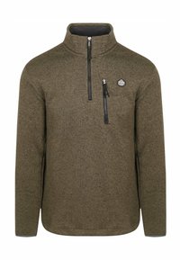 Donkergroen fleece trui met een hoge kraag, halve ritssluiting en een borstzak. Bevat een textuur stof en een logo aan de bovenkant aan de linkerzijde.