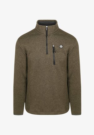 Sudadera de forro polar verde oscuro con un collar alto, cremallera de media longitud y un bolsillo en el pecho. Presenta una tela texturizada y un logo en la parte superior izquierda.