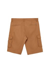 Shorts cargo marron fabriqués en tissu mélangé coton, présentant deux poches latérales et deux poches arrières. Texture lisse, coupe droite.