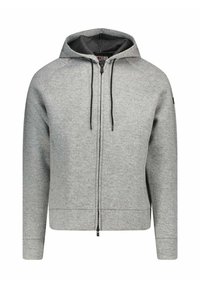 Felpa con zip grigia in tessuto morbido, con tasca a marsupio, cappuccio con coulisse e polsini a costine. Tessuto liscio e design casual.