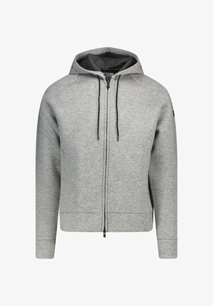 Grijze hoodie met ritssluiting gemaakt van zachte stof, voorzien van een kangoeroezak, capuchon met trekkoord en geribbelde manchetten. Gladde textuur en casual ontwerp.