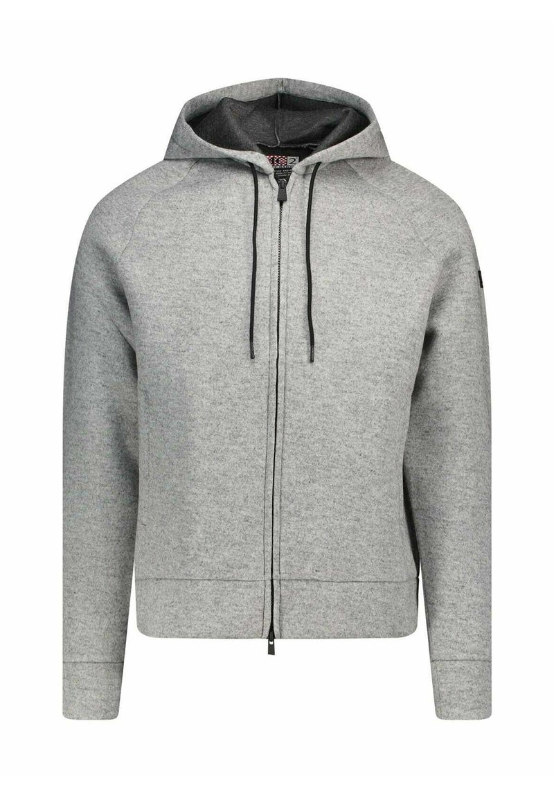 Felpa con zip grigia in tessuto morbido, con tasca a marsupio, cappuccio con coulisse e polsini a costine. Tessuto liscio e design casual.