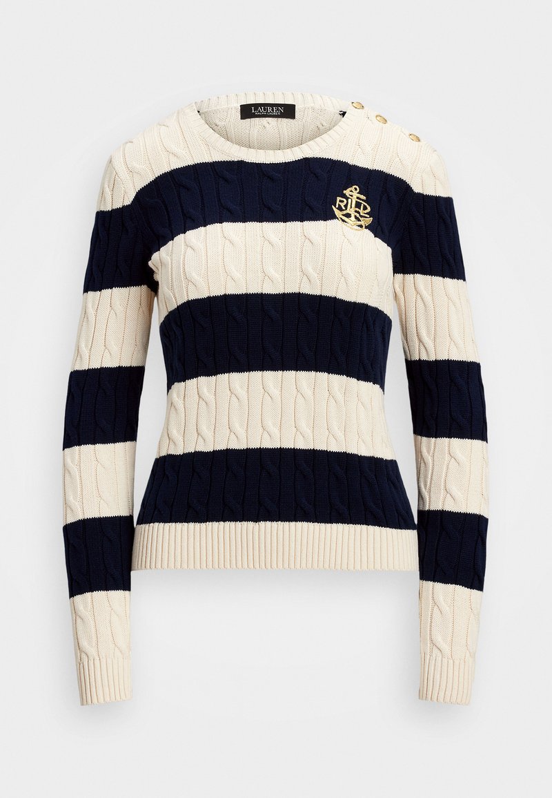 Strickpullover mit marineblauen und cremfarbenen horizontalen Streifen, mit Kabelmuster, einem gerippten Saum und goldenen Knopfakzenten an der Schulter.